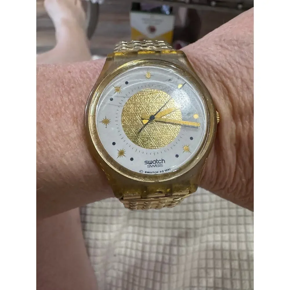 Vintage 1991 Swatch Swiss Watch | Gold Dial & Stretch Band | New Battery | Runs